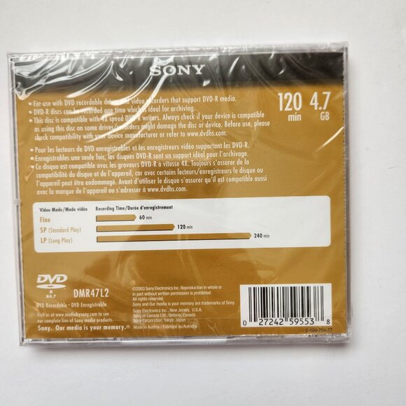 Sony DVD-R 4.7GB 120 Min 1x-4x Speed Compatible Single Pack New Sealed - Picture 3 of 6